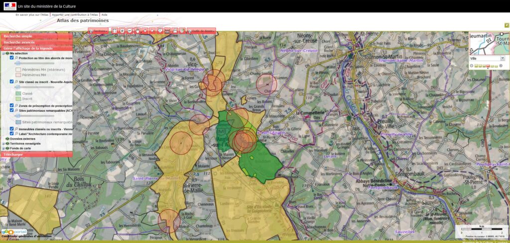 Carte des protections patrimoniales de la commune d'Angles-sur-l'Anglin.
http://atlas.patrimoines.culture.fr/, requête sur le nom de la commune ANGLES-SUR-L'ANGLIN